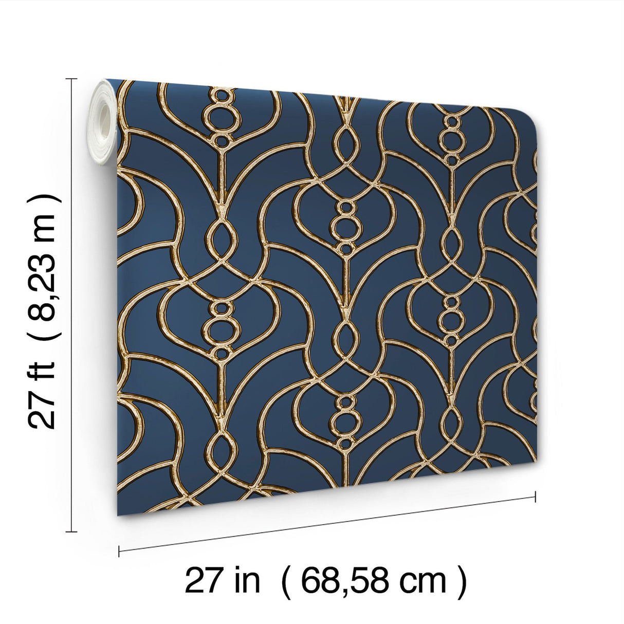 Divine Trellis Navy Wallpaper with Metallic Pearl Geometric Trellis - York EV3946