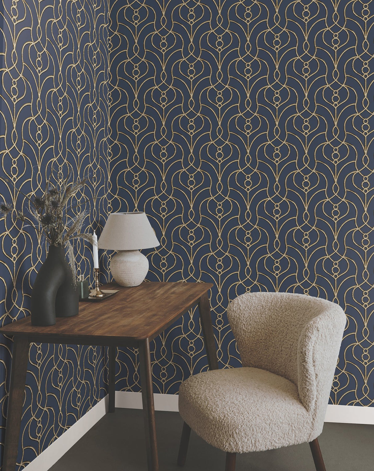 Divine Trellis Navy Wallpaper with Metallic Pearl Geometric Trellis - York EV3946