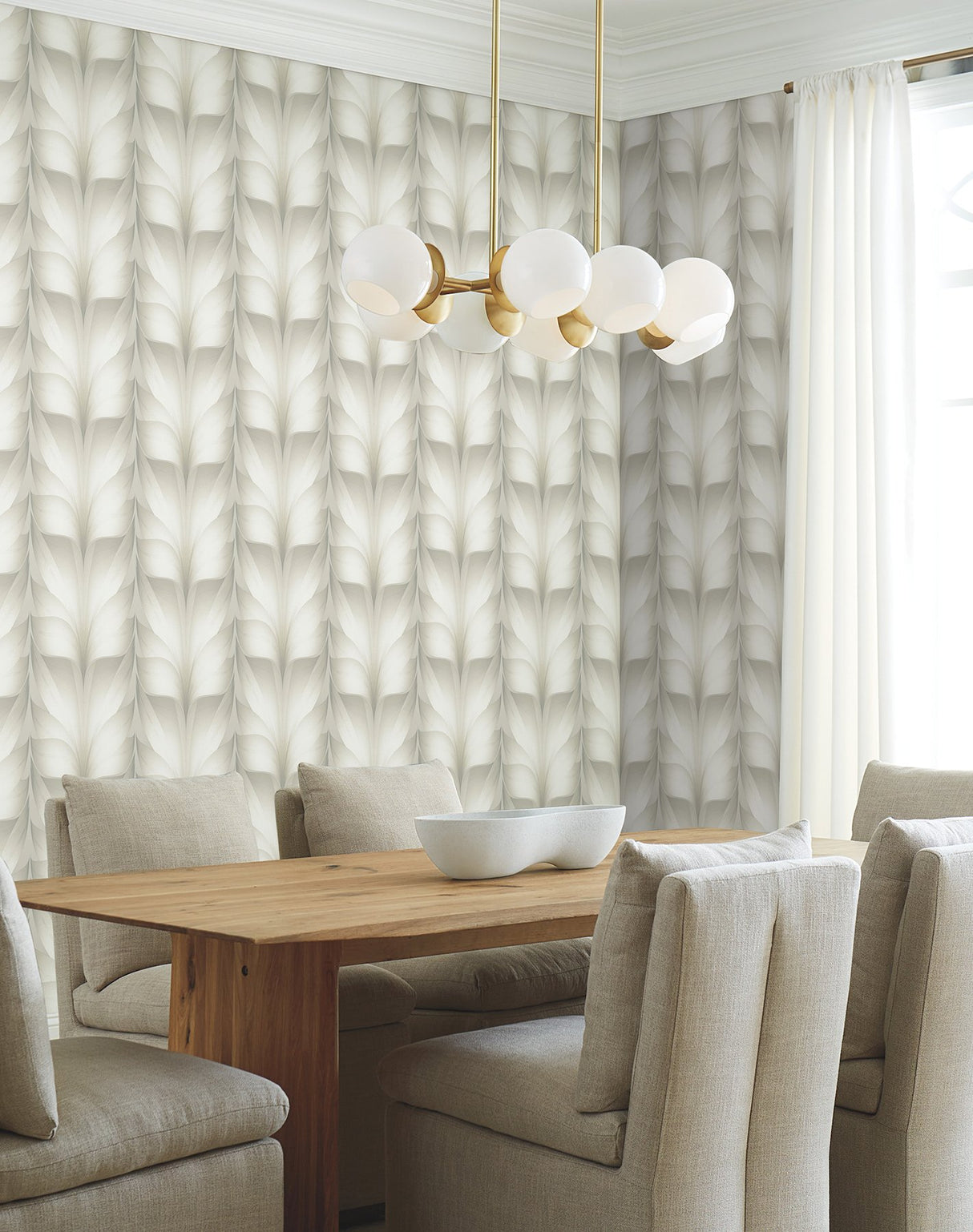 Lotus Light Stripe White Wallpaper with Silvery Neutral Feathered Lotus Motif - York EV3955