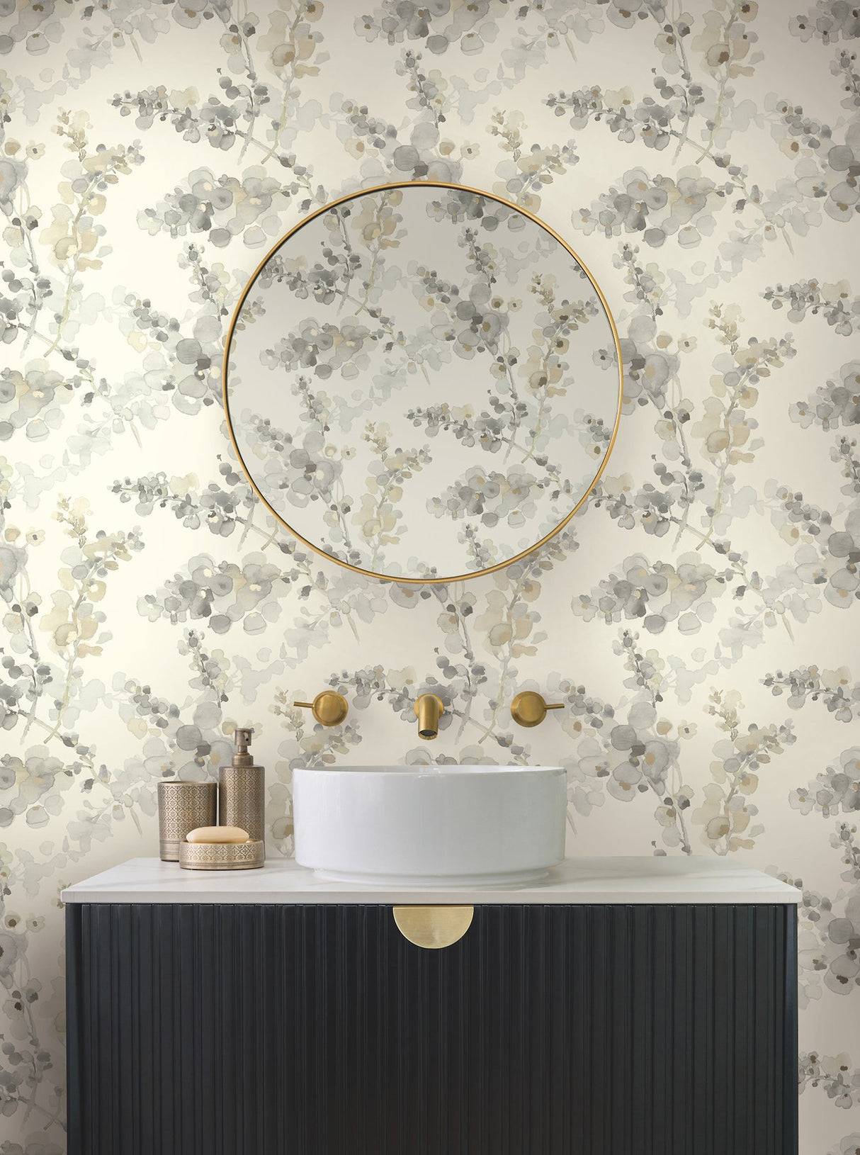 Blossom Fling Steel Wallpaper with Metallic Botanical Watercolor Style - York EV3971