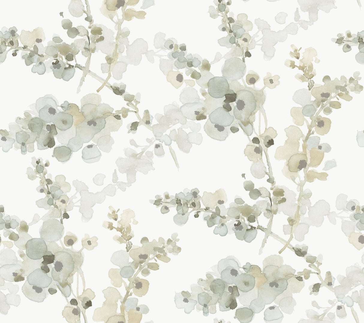 Blossom Fling Mineral Green Wallpaper with Metallic Botanical Watercolor Style - York EV3972