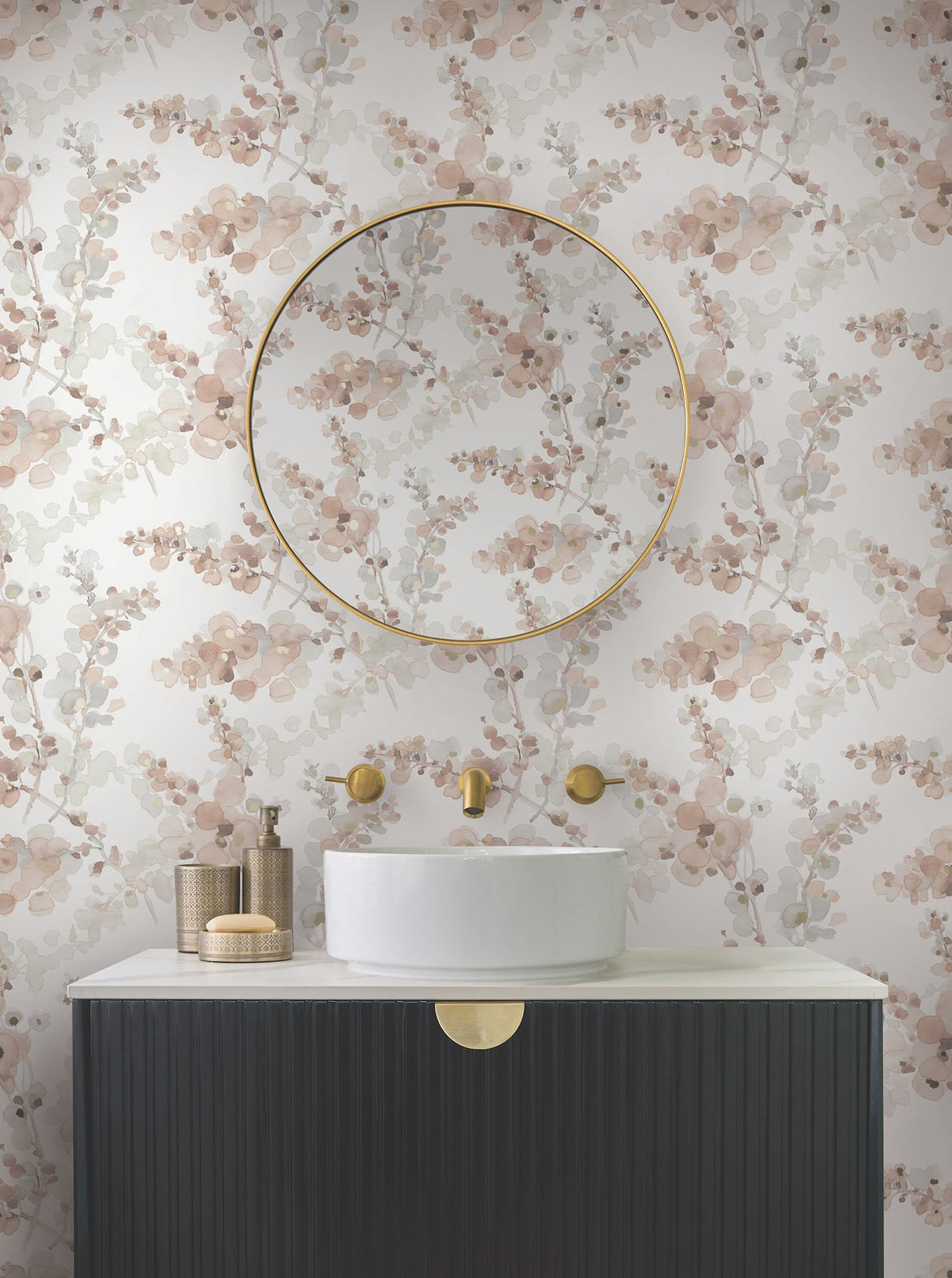 Blossom Fling Clay Wallpaper with Metallic Botanical Watercolor - York EV3975