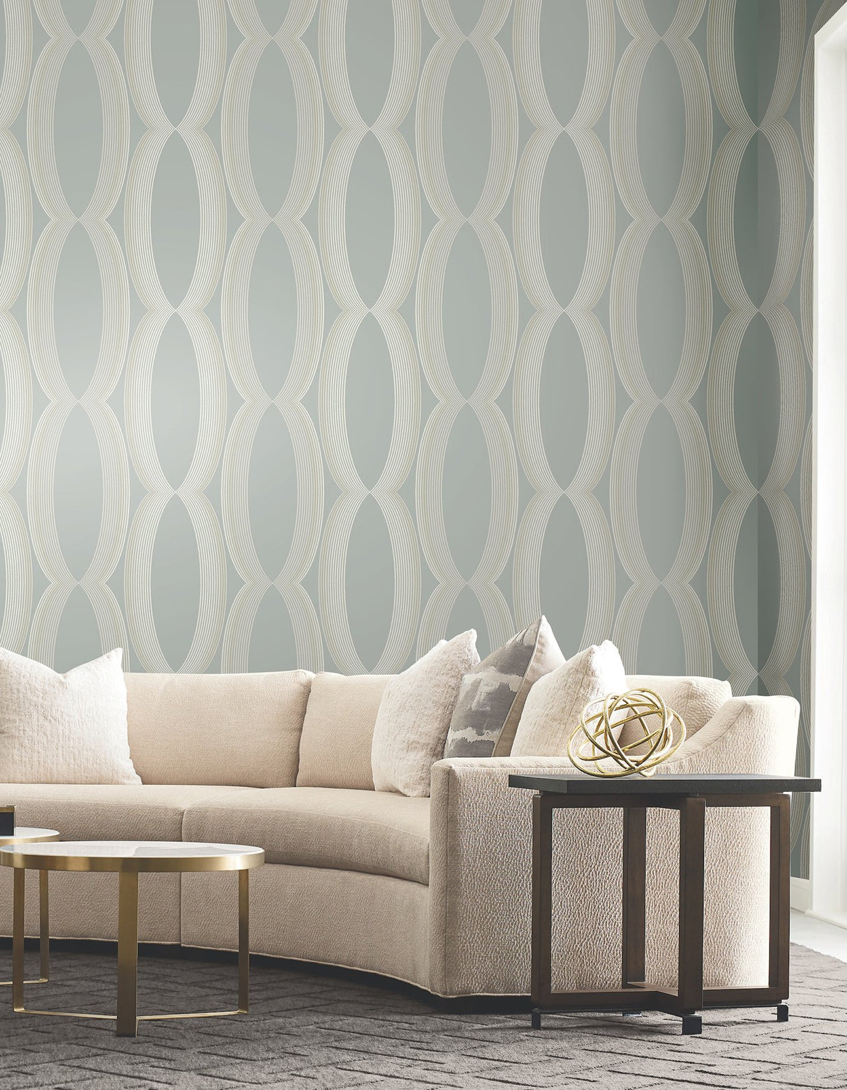 Progression Ogee Light Blue Wallpaper with Geometric Elliptical Motif - York EV3985