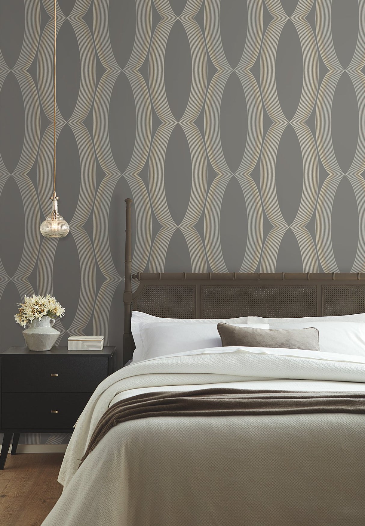 Progression Ogee Charcoal Wallpaper with Geometric Ogee Motif - York EV3986