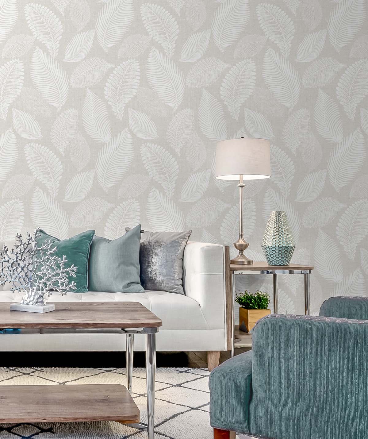 Tossed Leaves Cool Linen by White Heron Botanical Wallpaper – Seabrook Designs EW10000