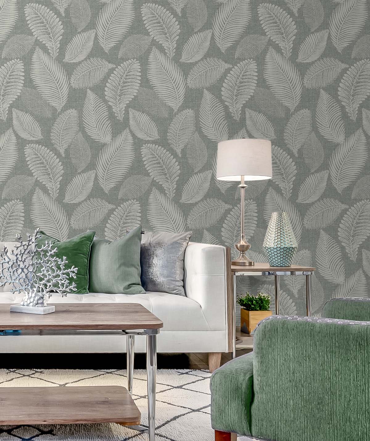 Tossed Leaves Charcoal Linen by White Heron Botanical Wallpaper – Seabrook Designs EW10010