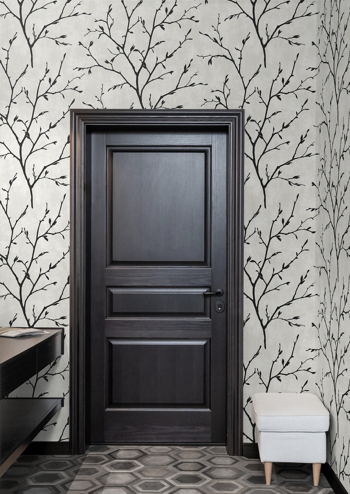Avena Branches Black and Off-White by White Heron Botanical Branch Wallpaper – Seabrook Designs EW10200