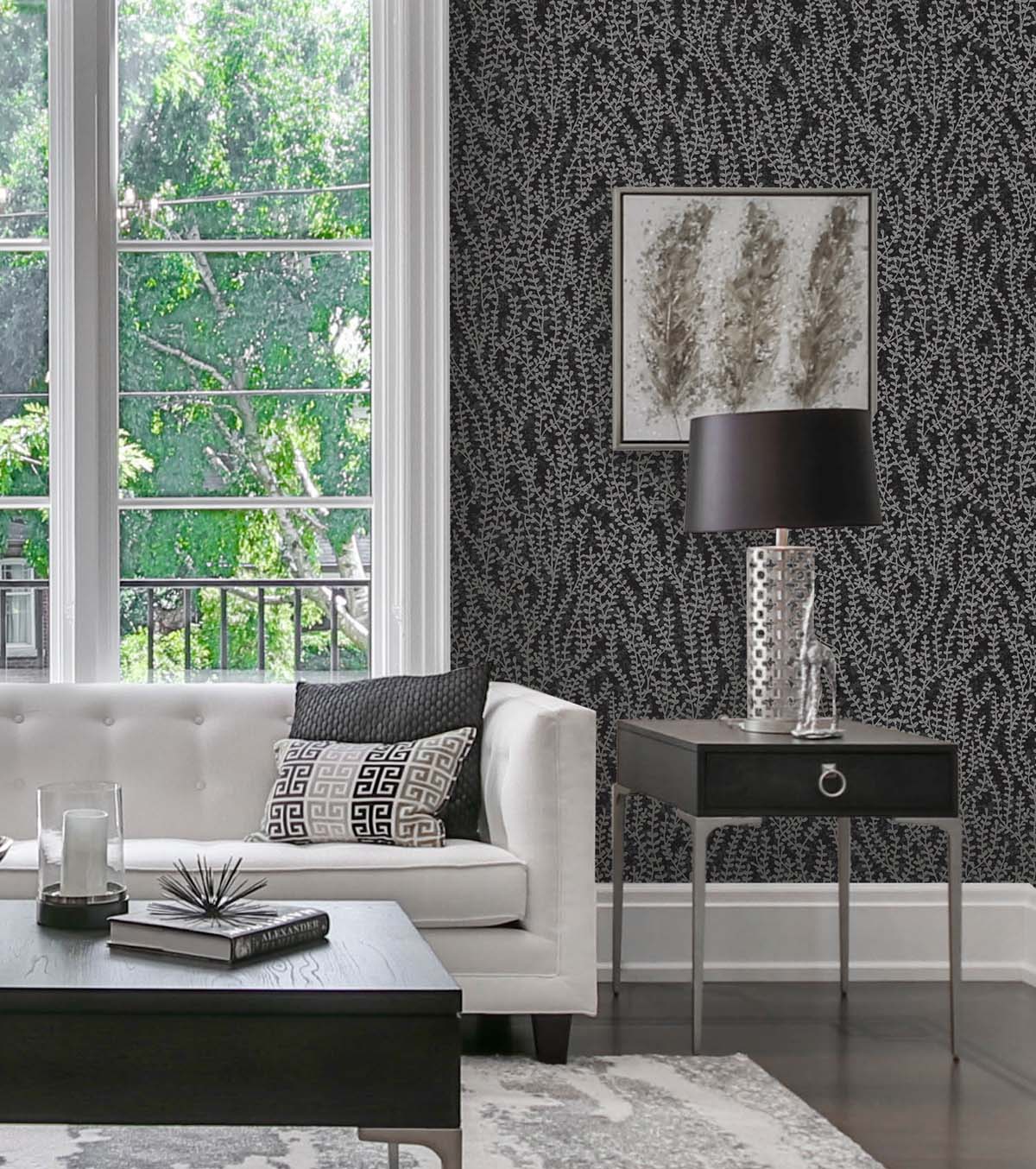 Seaweed Beaded Branches Silver Glass by White Heron Metallic Glass Beads Botanical Wallpaper – Seabrook Designs EW10600