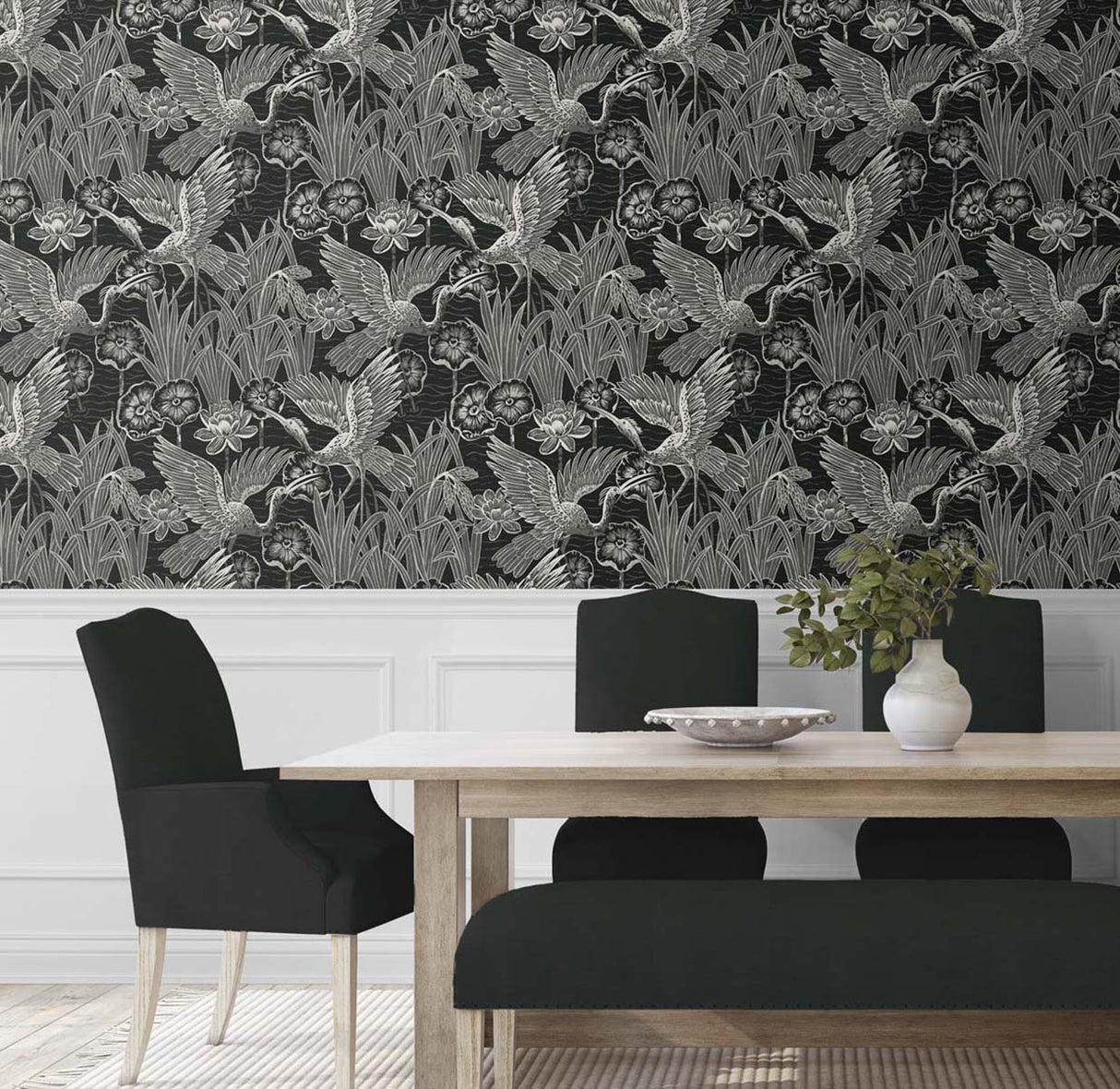 Marsh Cranes Midnight by White Heron Metallic Crane Wallpaper – Seabrook Designs EW11000