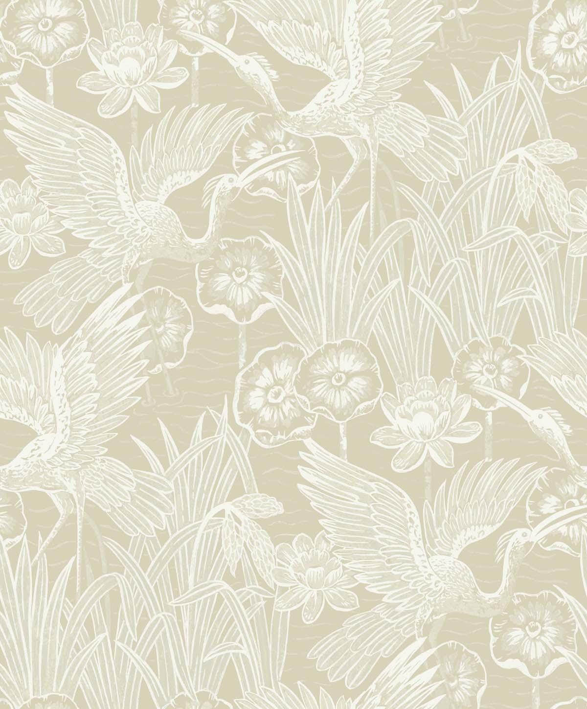 Marsh Cranes wallpaper in Shore beige with metallic finish, featuring cranes and marsh botanicals