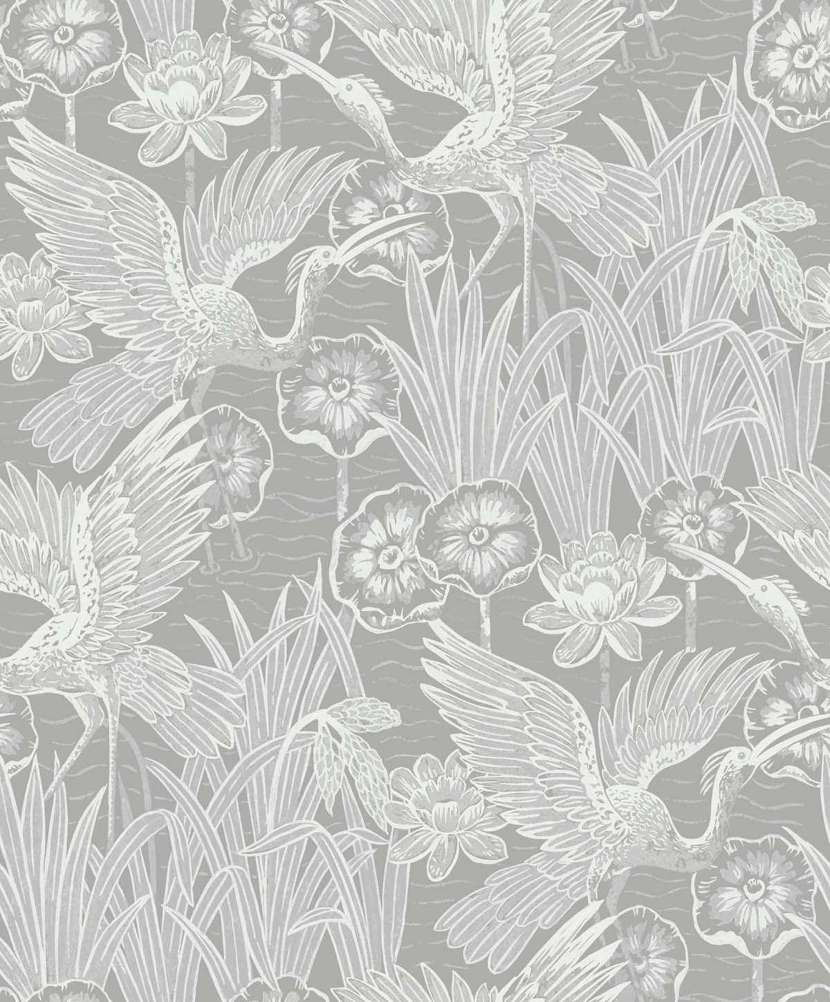 Marsh Cranes Anew Grey metallic wallpaper with crane and marsh floral motif