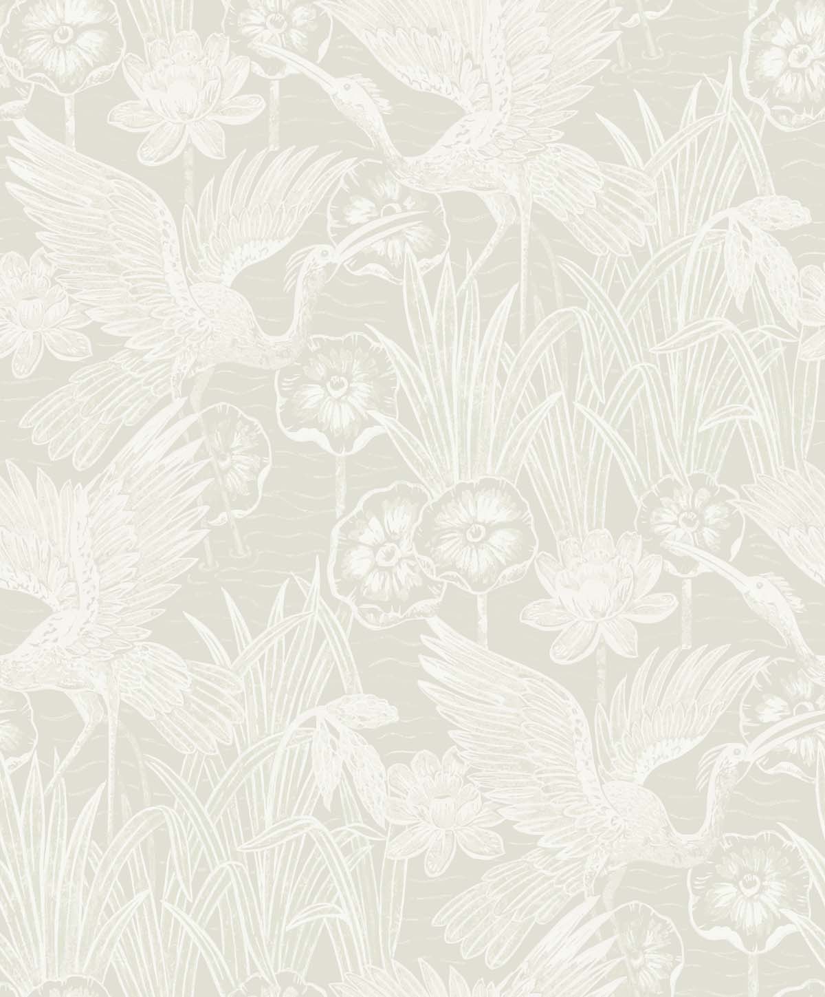 Marsh Cranes wallpaper in Daylight grey with metallic finish featuring cranes and marsh florals
