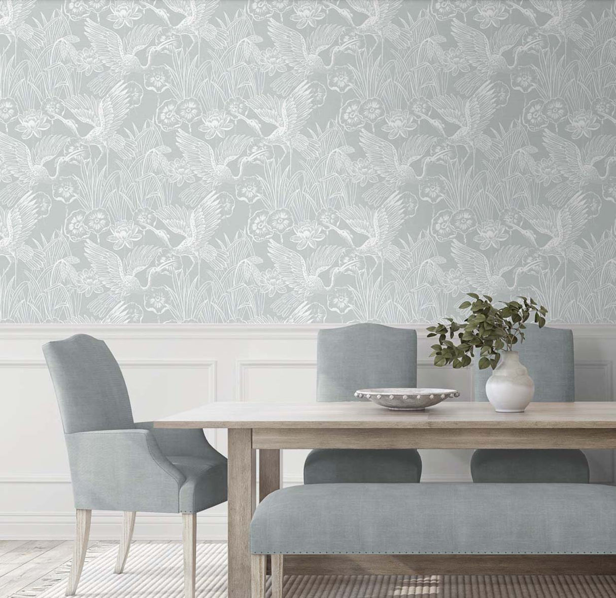 Marsh Cranes Mist by White Heron Metallic Crane & Floral Wallpaper – Seabrook Designs EW11018