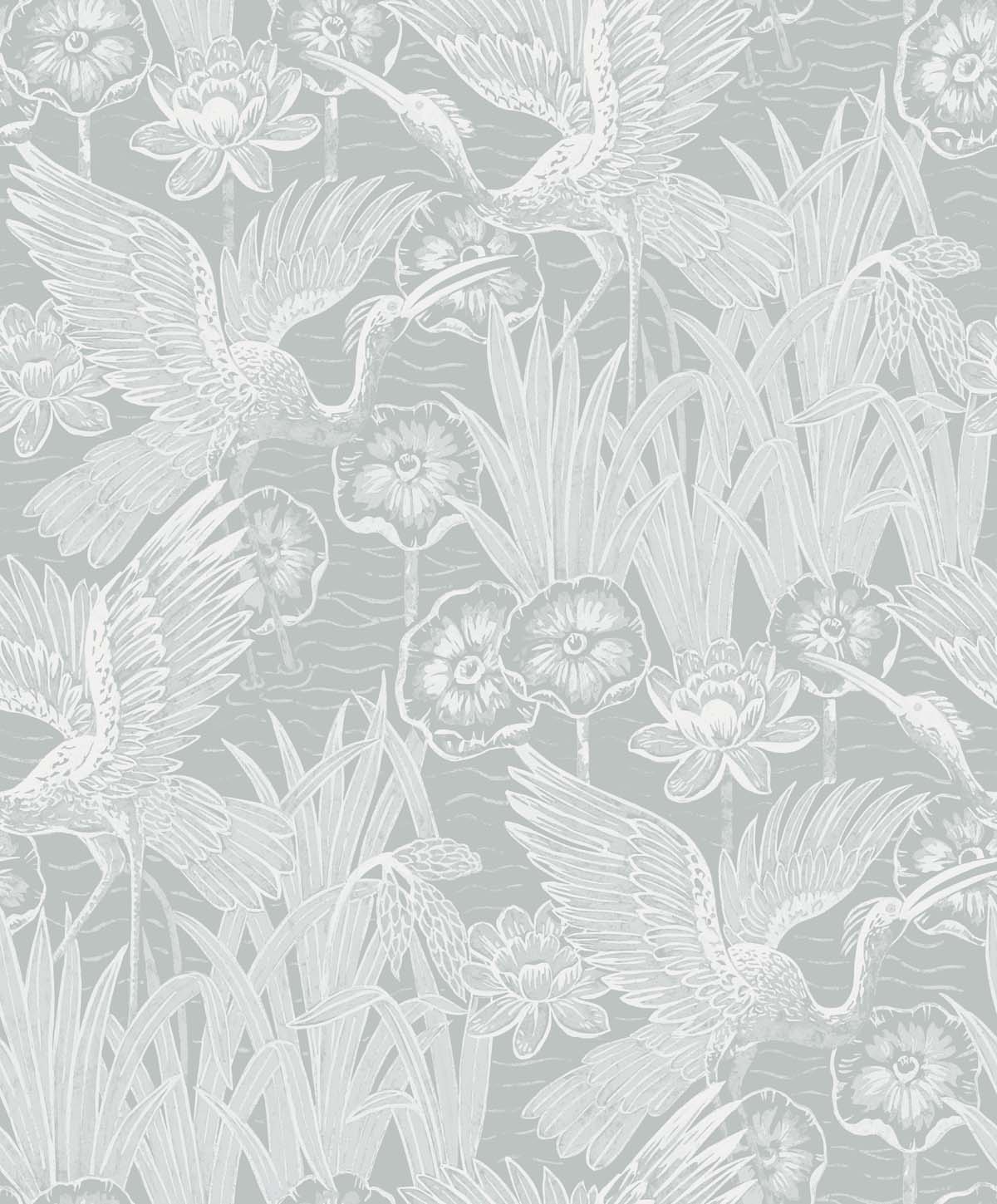 Marsh Cranes wallpaper in Mist grey with metallic finish featuring cranes, lotus flowers, and marsh grasses