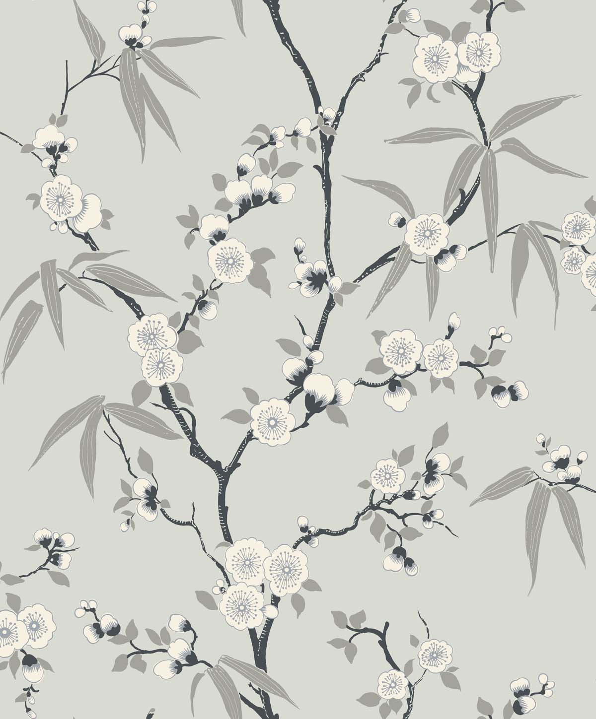Floral Blossom Trail wallpaper in Stormy grey with delicate white blossoms and slender leaves on branching stems.