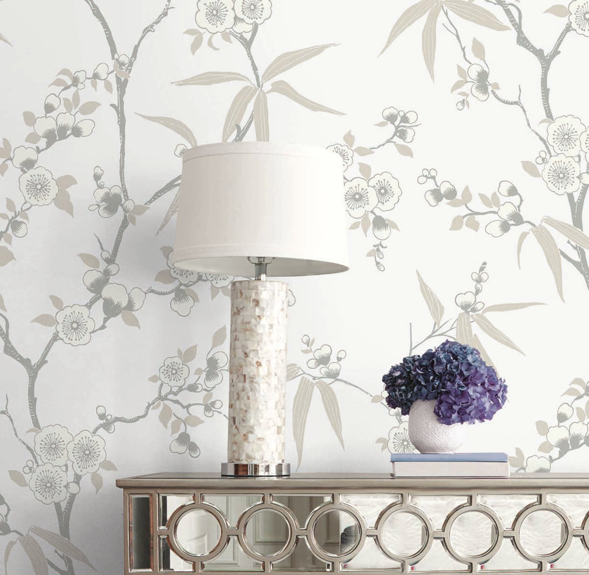 Floral Blossom Trail Beige by White Heron Floral Wallpaper – Seabrook Designs EW11107