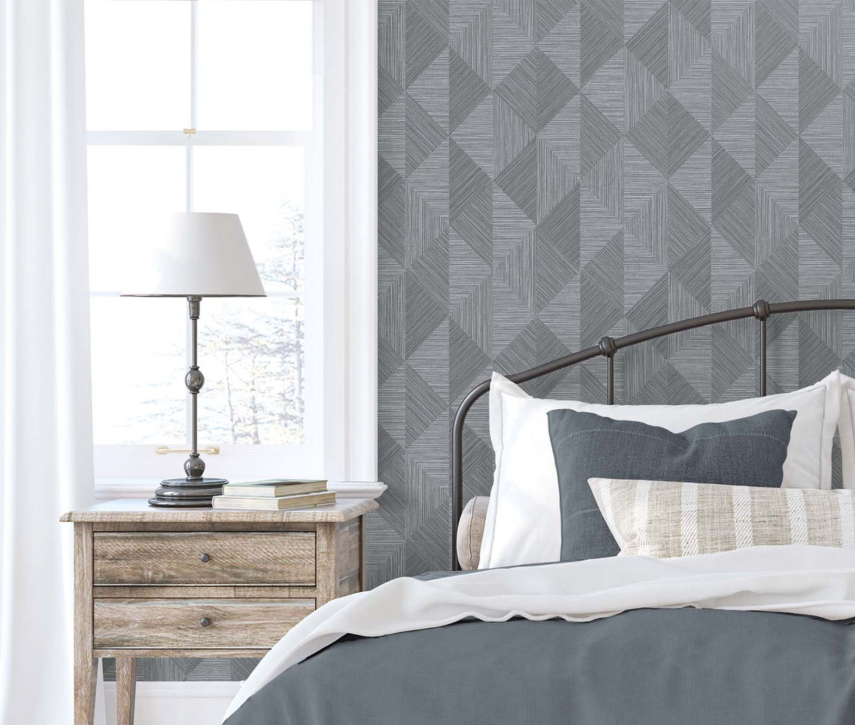 Diamond Inlay Charcoal Grass by White Heron Geometric Vinyl Wallpaper – Seabrook Designs EW11700