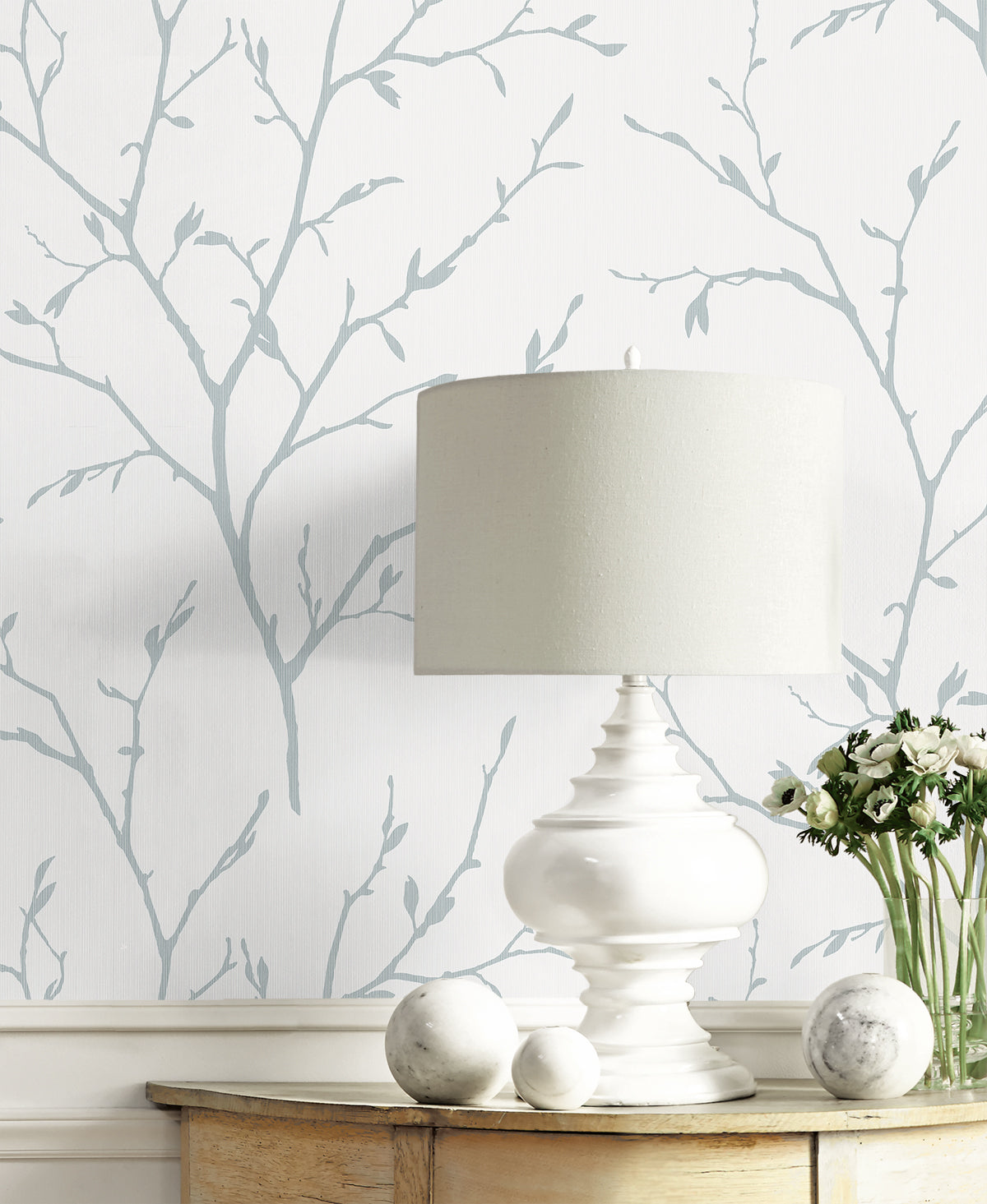 Branching Out Slate Blue by White Heron Botanical Branch Stringcloth Wallpaper – Seabrook Designs EW11802