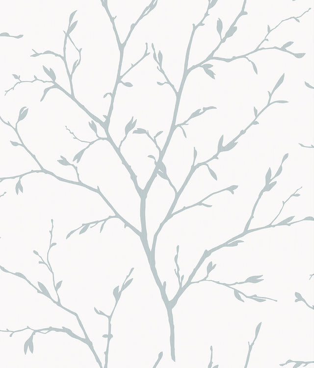 Branching Out stringcloth wallpaper in slate blue branches on an off-white background (27 in wide).