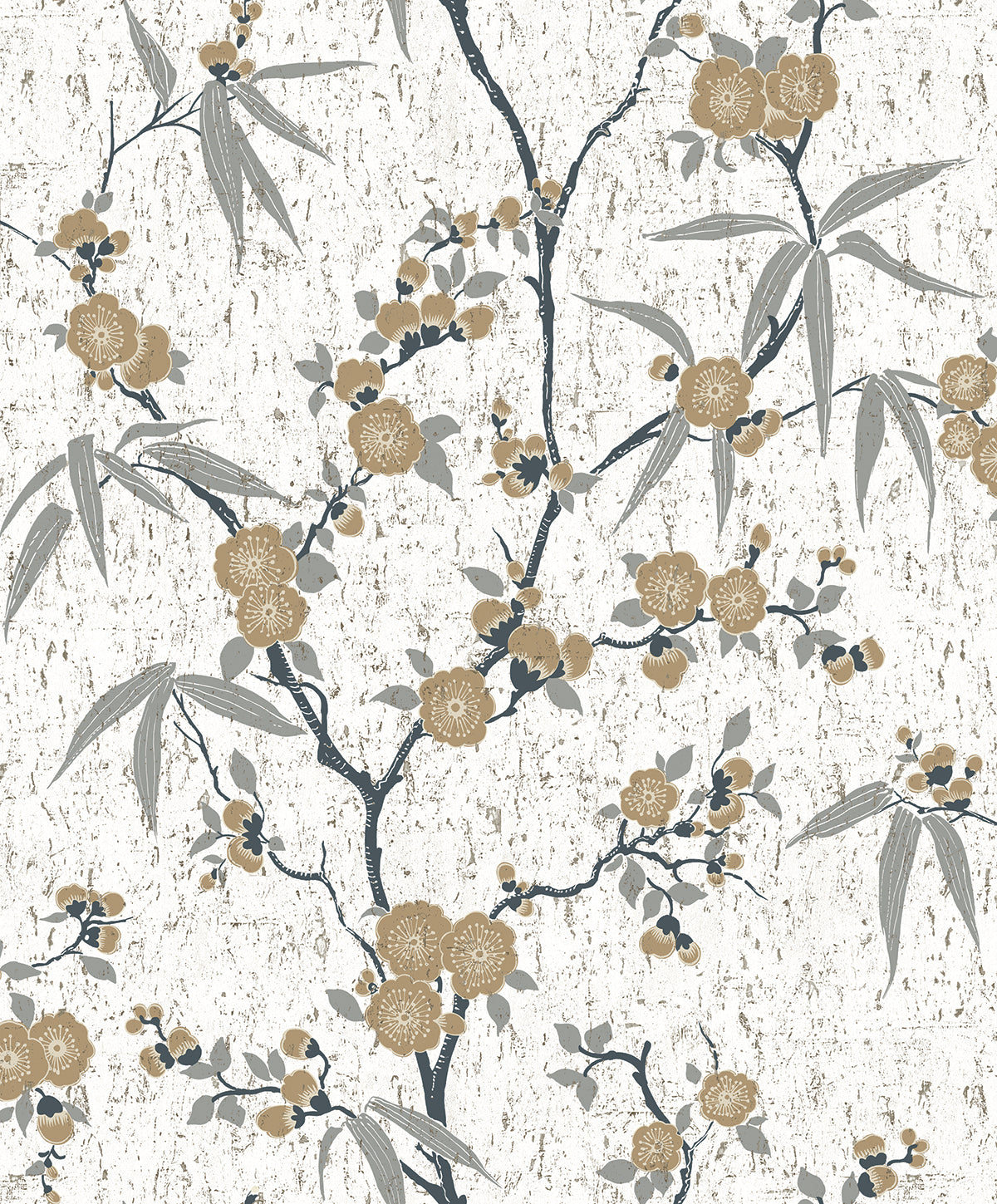 Blossom Cork wallpaper in Gold Chip with floral blossom branches on an off-white cork-textured ground