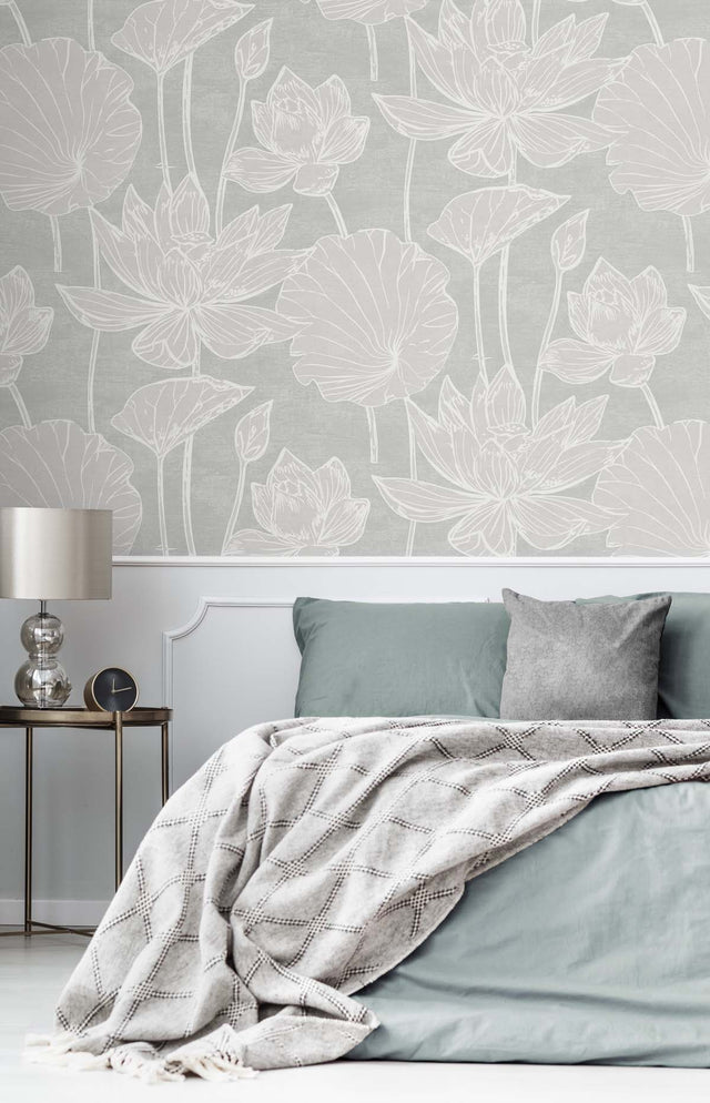 Water Lilies Shadow by White Heron Floral Wallpaper – Seabrook Designs EW12000
