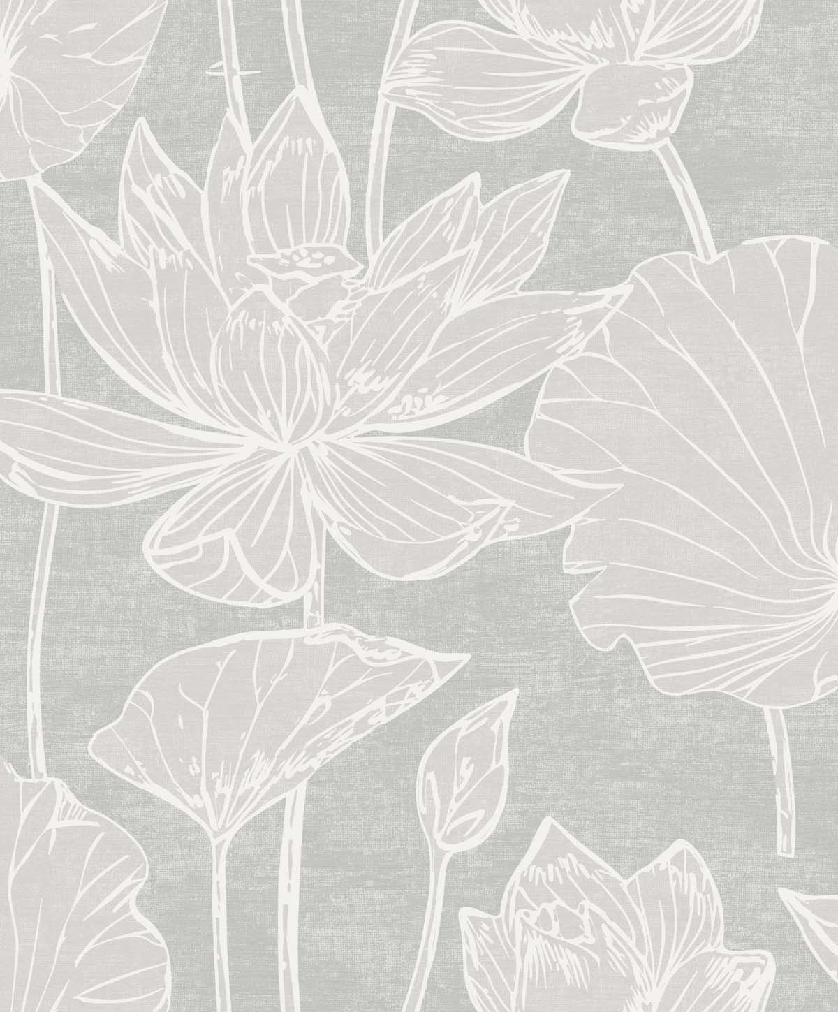 Water Lilies floral wallpaper in Shadow grey with large outlined lotus flowers and leaves