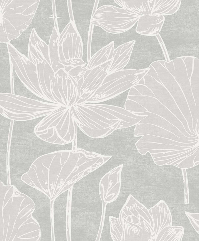 Water Lilies floral wallpaper in Shadow grey with large outlined lotus flowers and leaves