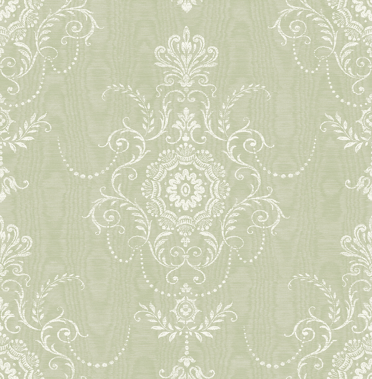 Colette Cameo washed green damask wallpaper pattern with white ornamental motifs