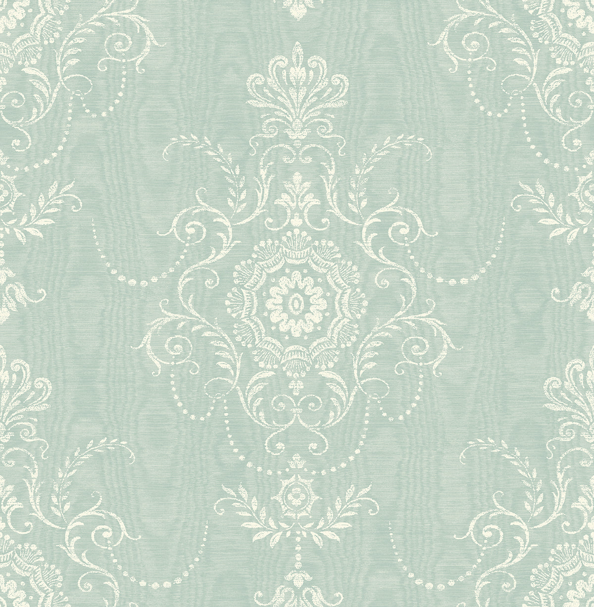 Colette Summer Sky damask wallpaper in pale blue with white ornamental medallions