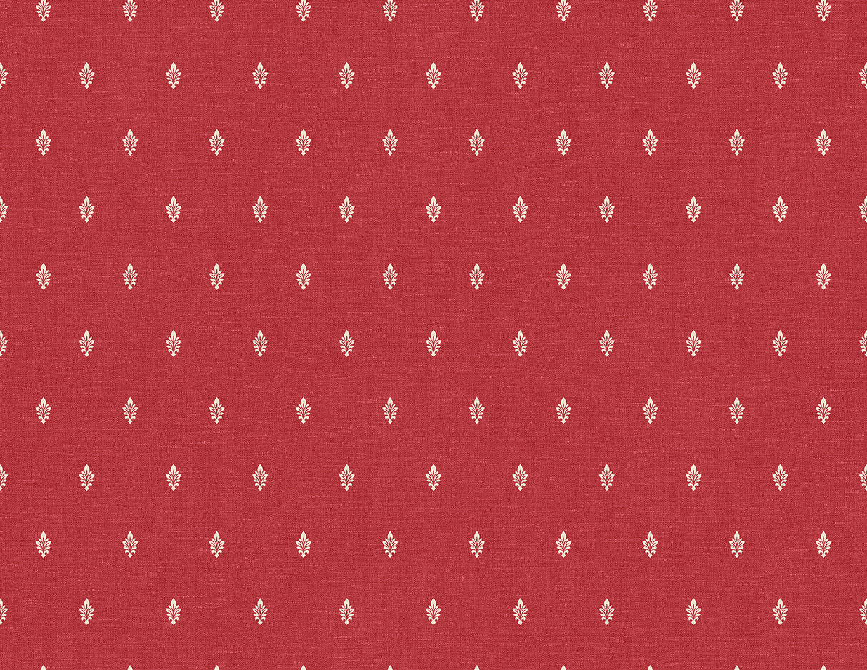 Petite Feuille Sprig wallpaper in Antique Ruby with small ivory fleur-de-lis motif