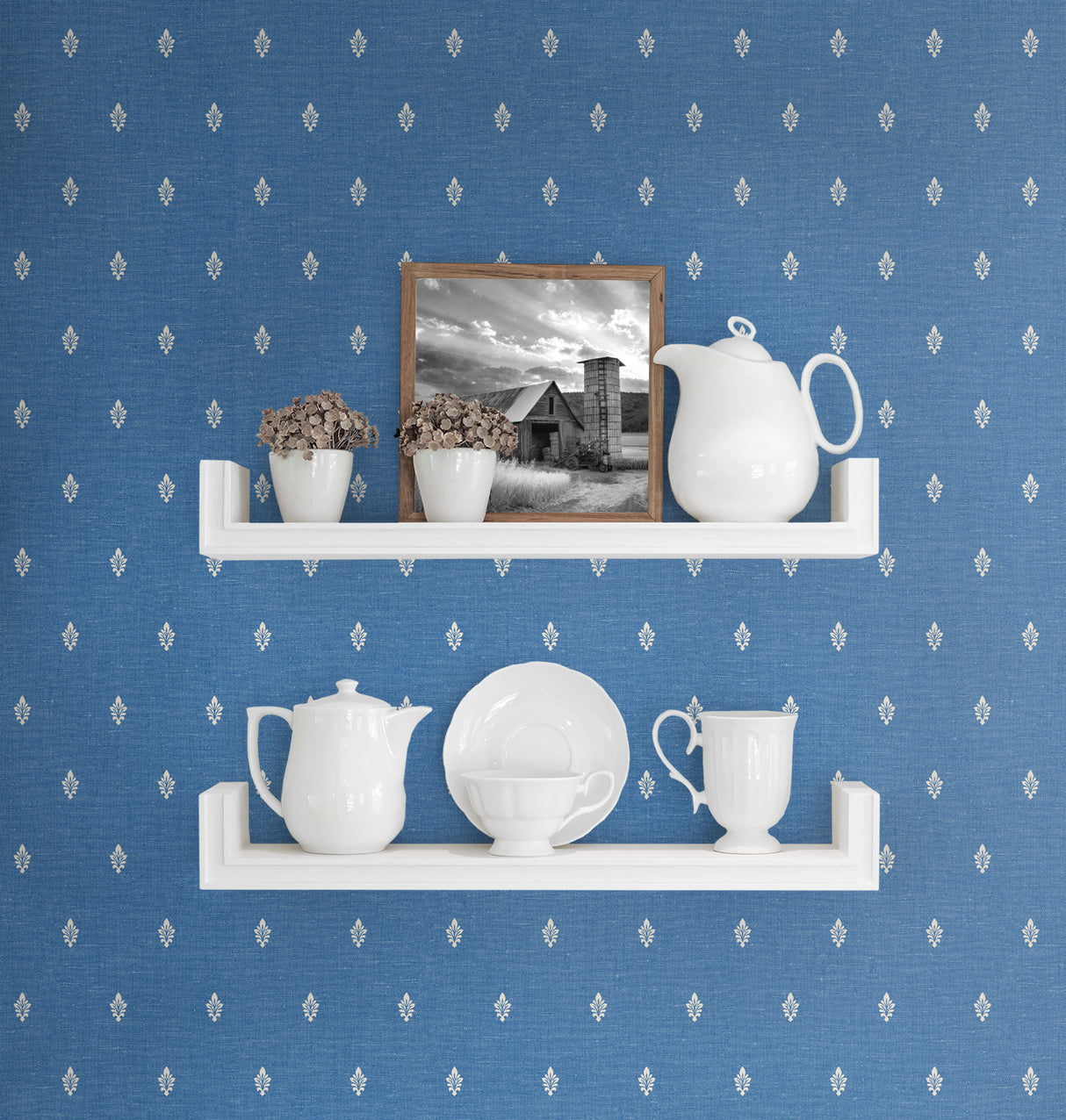 Petite Feuille Sprig Denim Wash by French Country Floral Sprig Wallpaper – Seabrook Designs FC60602