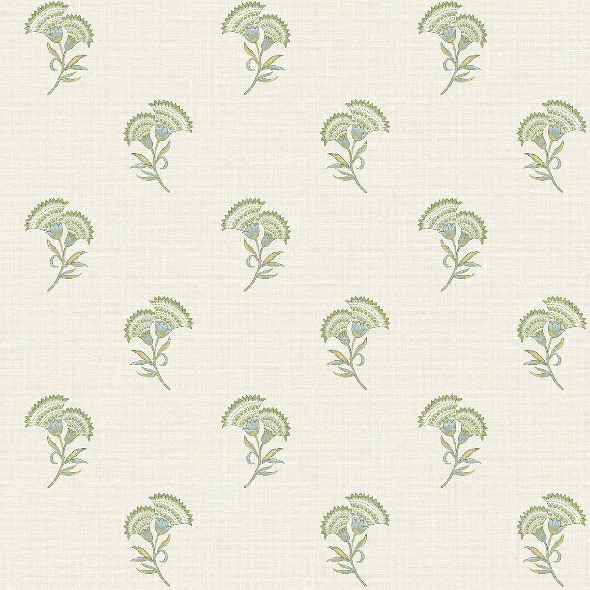 Lotus Branch Floral wallpaper pattern in washed green and herb on a soft neutral ground