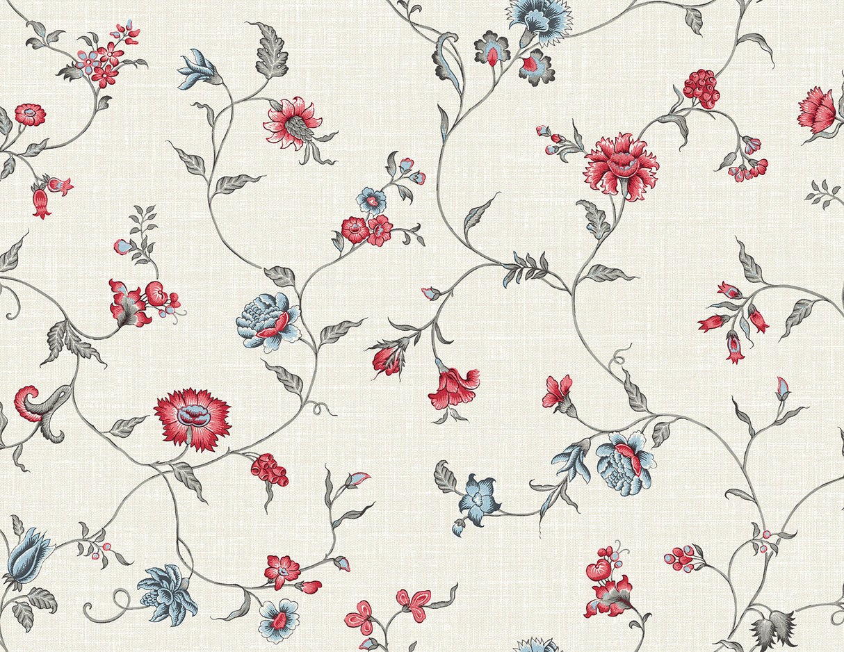Florale Trail wallpaper in Antique Ruby and French Blue with delicate floral vines on a warm neutral background