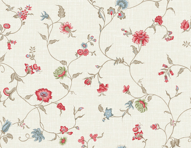 Florale Trail wallpaper pattern with delicate trailing vines and small flowers in cranberry red and soft blue on a light beige ground.