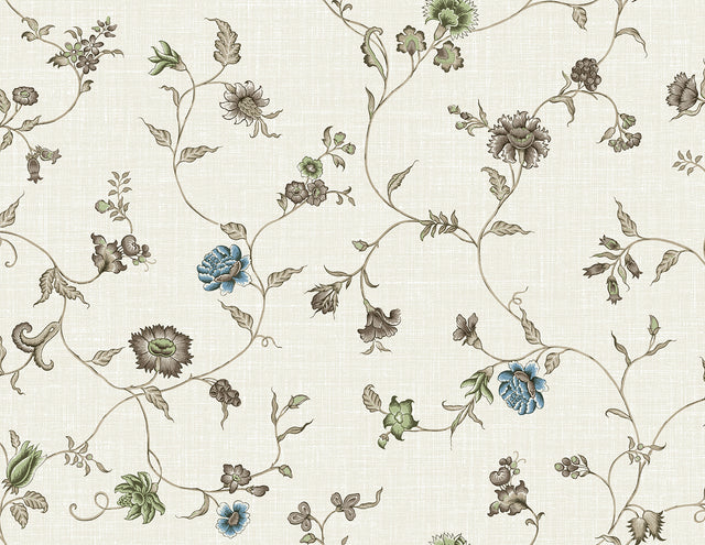 Florale Trail floral vine wallpaper in bisque with blue and green blossoms