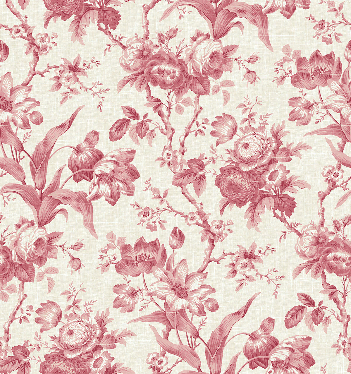 En Rose wallpaper in cranberry floral toile pattern on a light linen-look ground