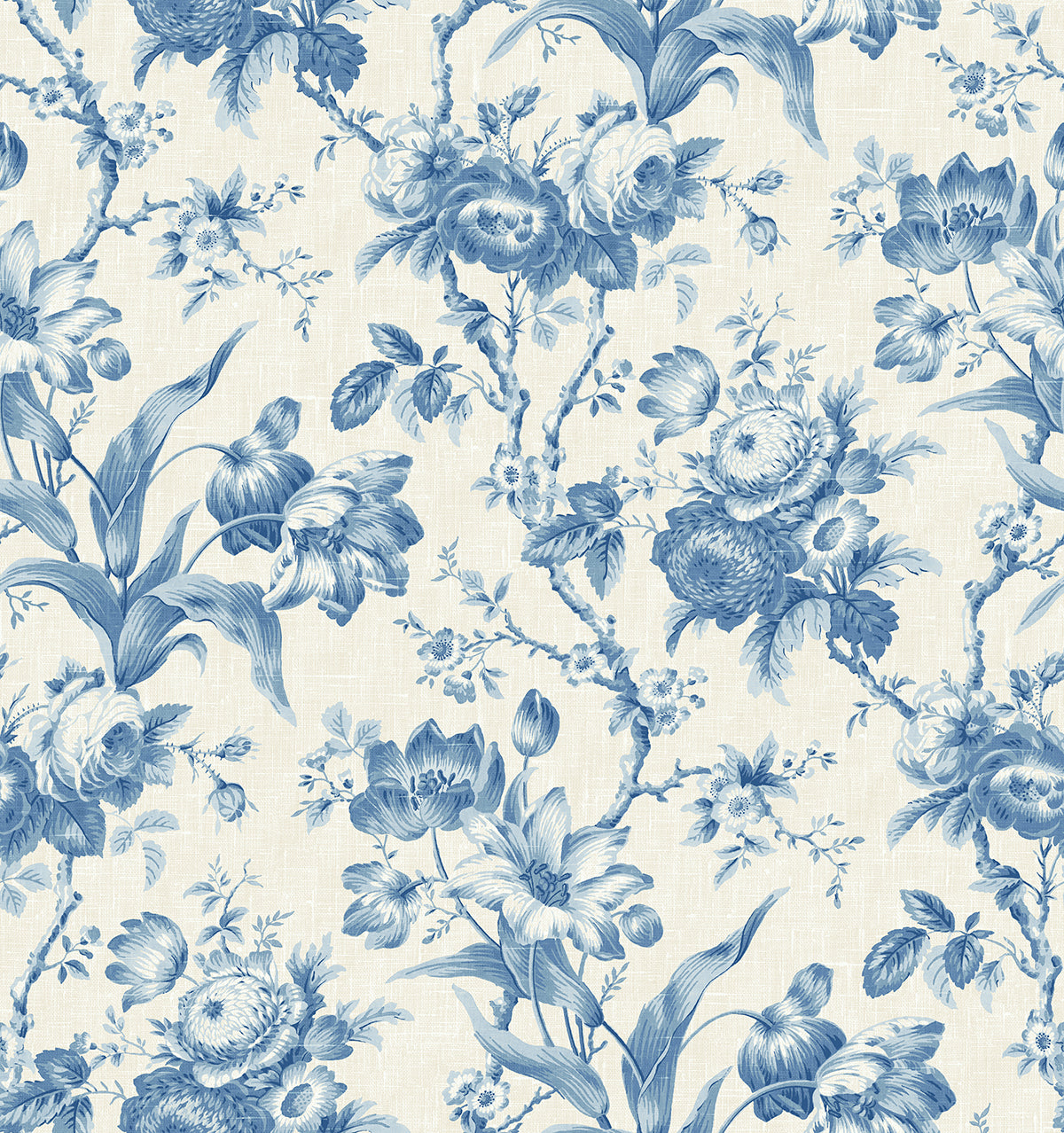 En Rose wallpaper in Blue Bell colorway with blue floral toile-style design