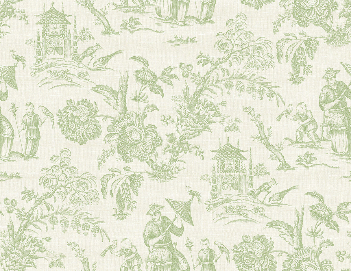 Green chinoiserie toile wallpaper with pagodas, figures, and florals on a light ground