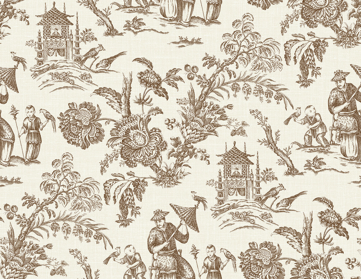 Colette Chinoiserie toile wallpaper in Hickory Smoke brown featuring pagodas, figures, and florals