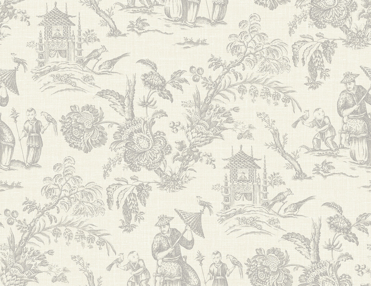 French grey chinoiserie toile wallpaper with pagodas, figures, birds, and floral motifs in a matte finish.