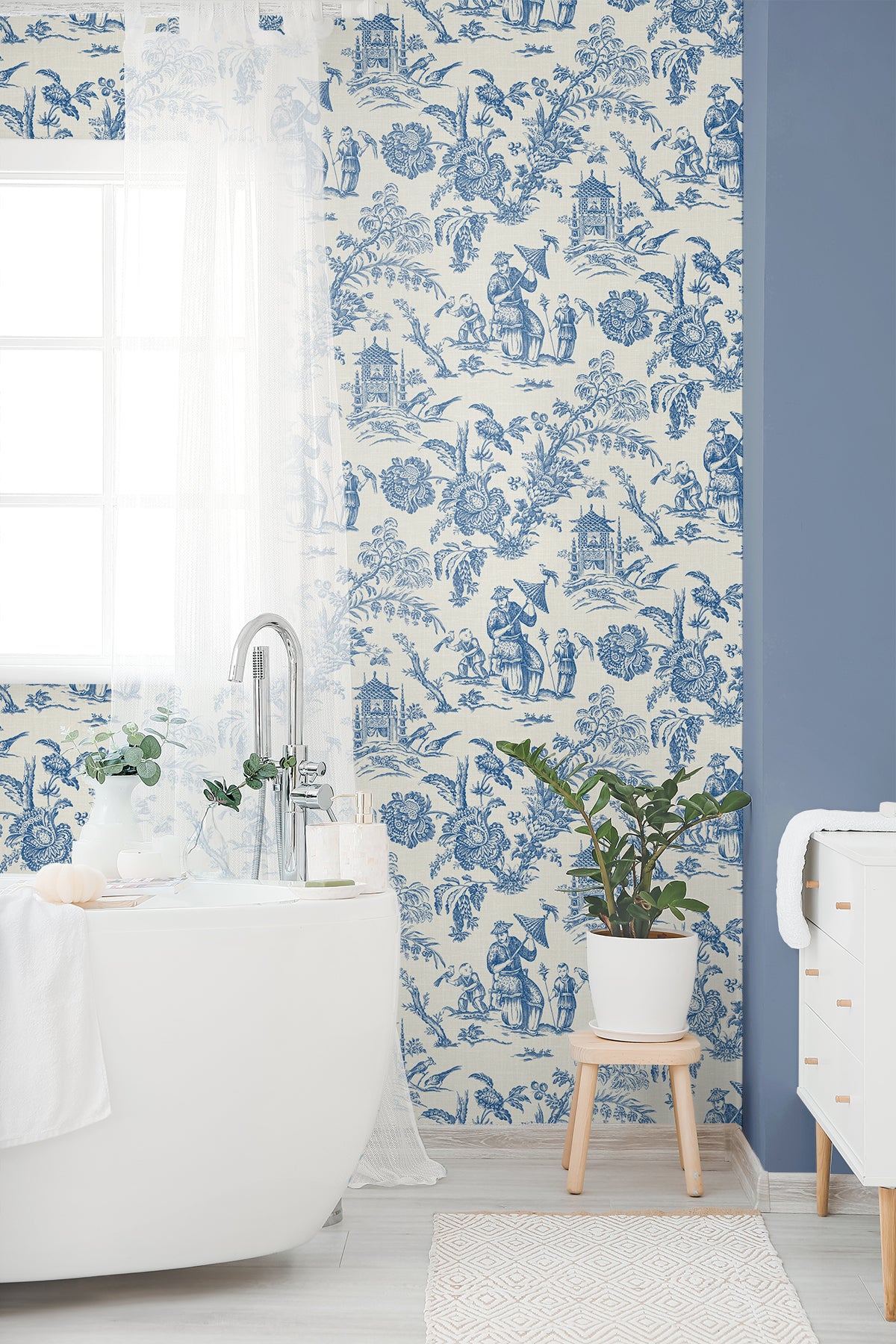 Colette Chinoiserie Denim Wash by French Country Toile Wallpaper – Seabrook Designs FC61812
