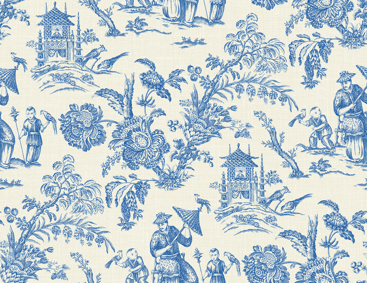 Colette Chinoiserie toile wallpaper in Denim Wash (blue and ivory) with scenic chinoiserie motifs