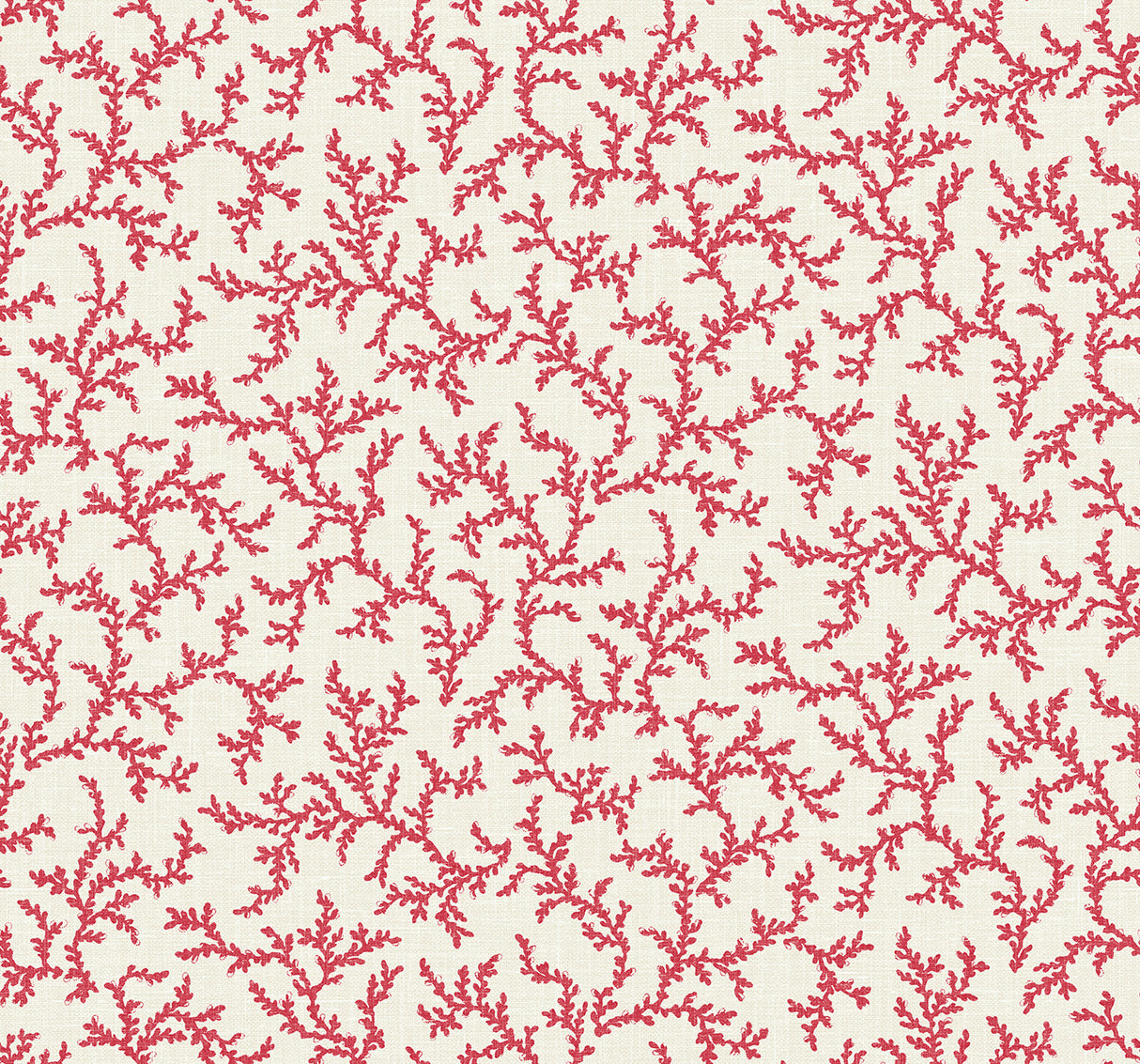 Corail Antique Ruby botanical coral-branch wallpaper pattern in red on an off-white ground.
