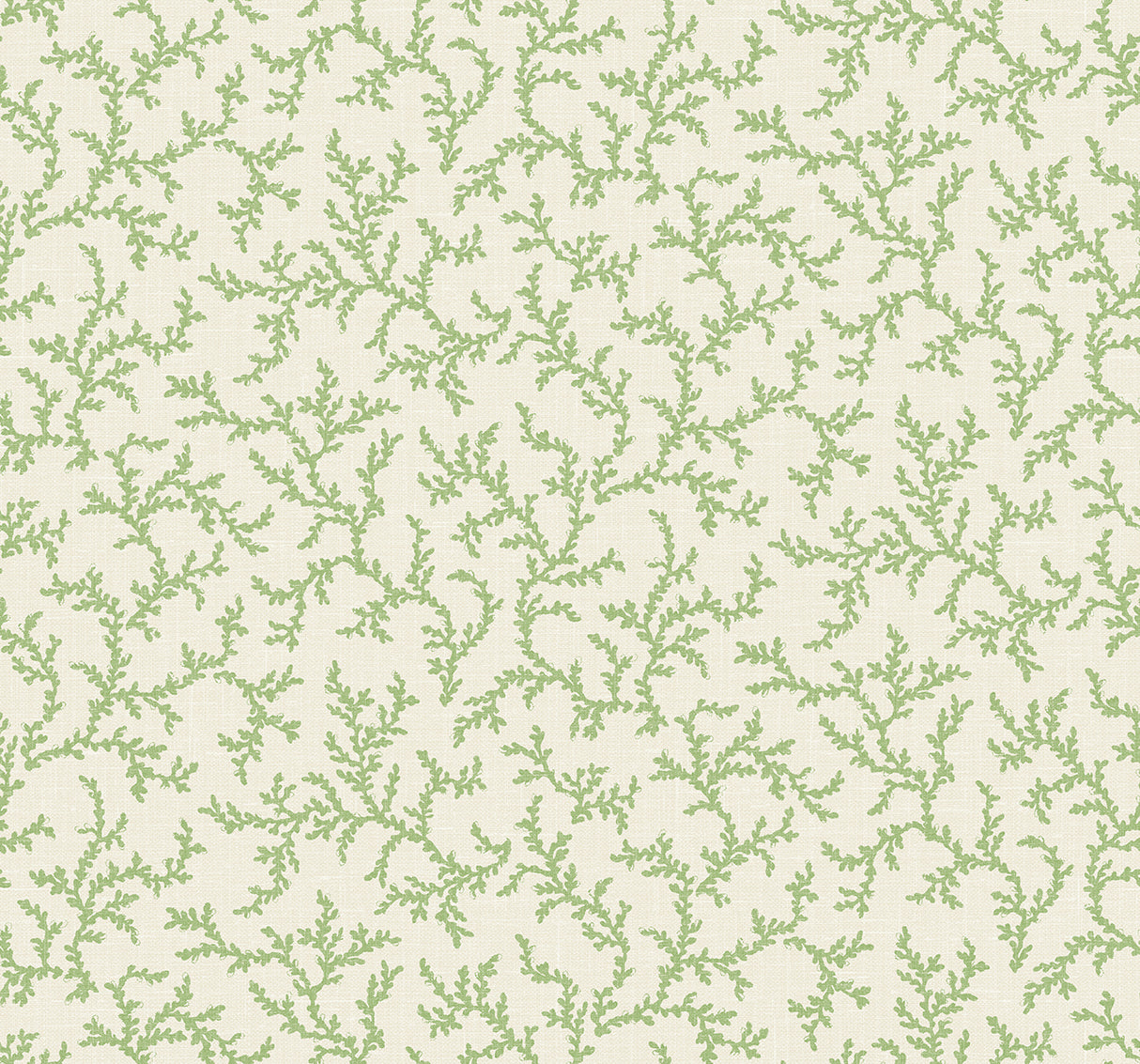 Green botanical coral-branch pattern wallpaper on a light background (Corail, colorway Herb)