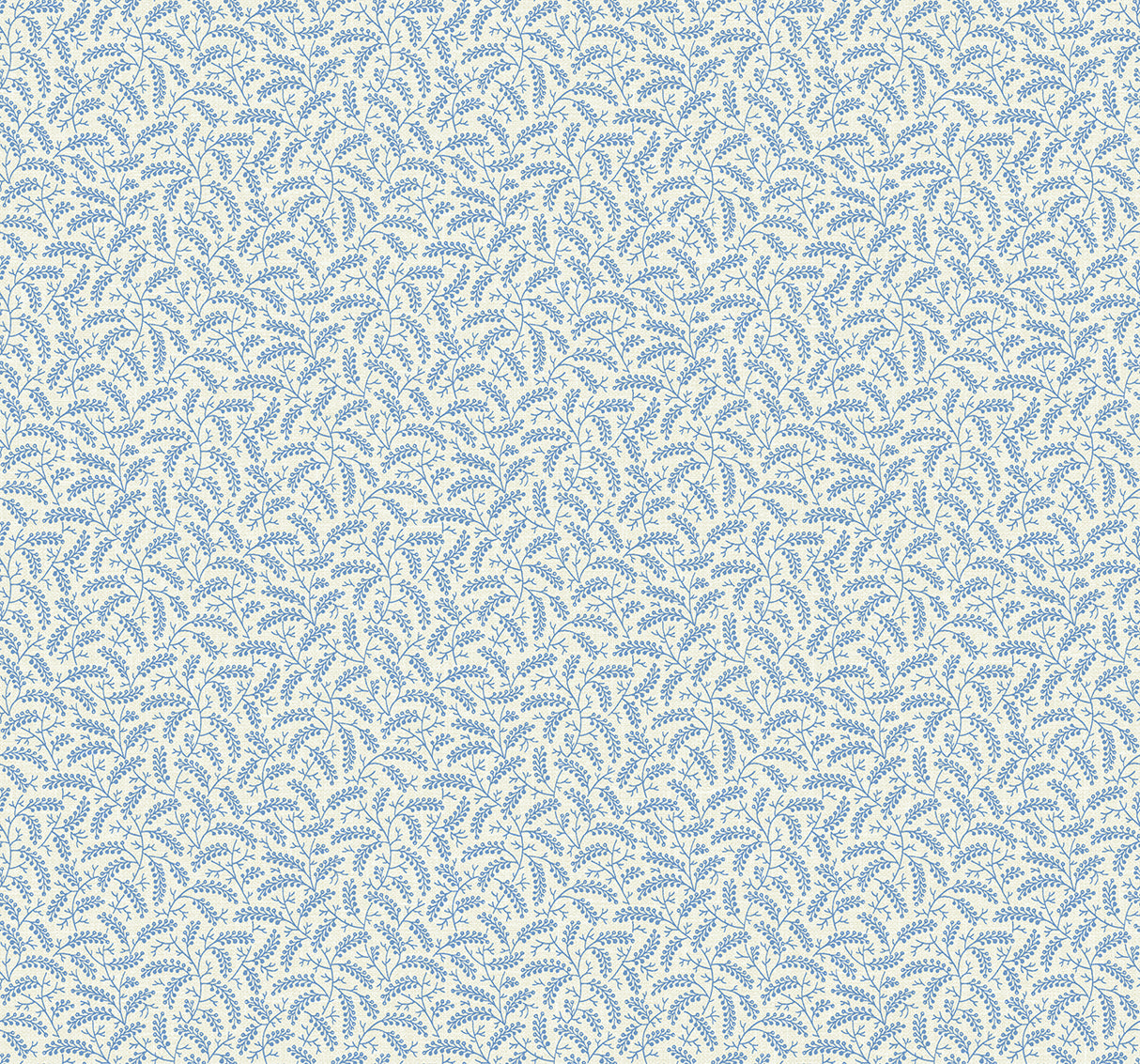 Cossette wallpaper in Bleu Bisque with delicate blue botanical vine sprigs on a warm off-white ground.