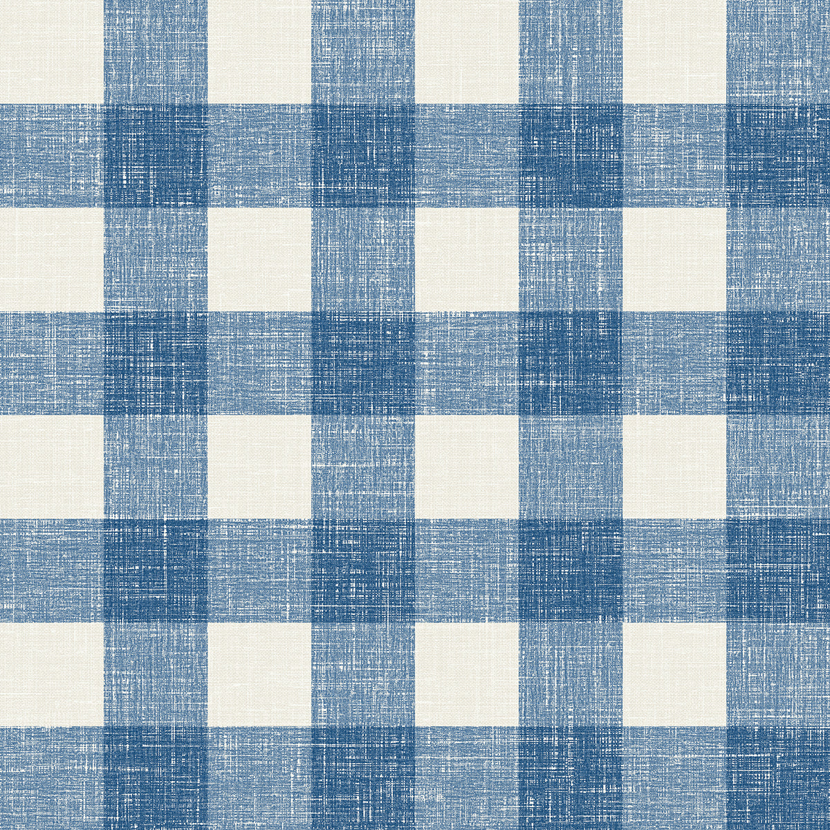 Blue and off-white gingham plaid wallpaper with a woven-linen texture look.