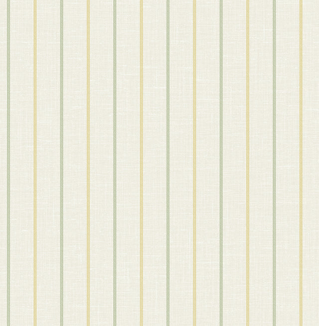 Andree Stripe wallpaper in dandelion and pomme with alternating green and yellow stripes on a light textured ground