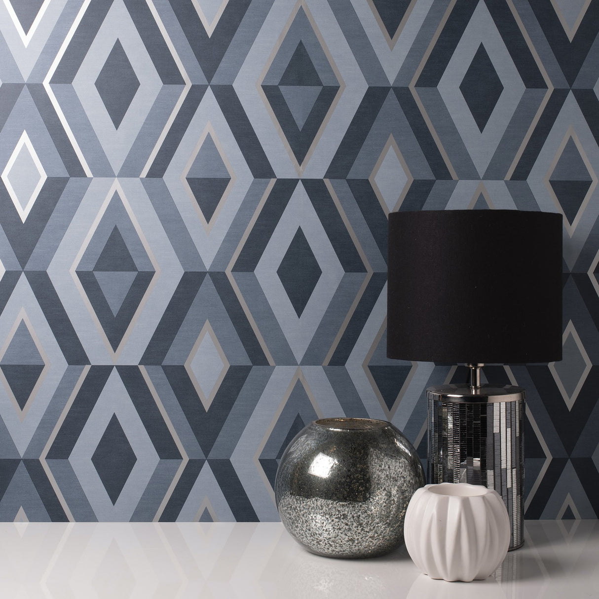 Shard Blue Geometric Wallpaper with Metallic Modern Abstract Geometrics - Fine Decor FD42608