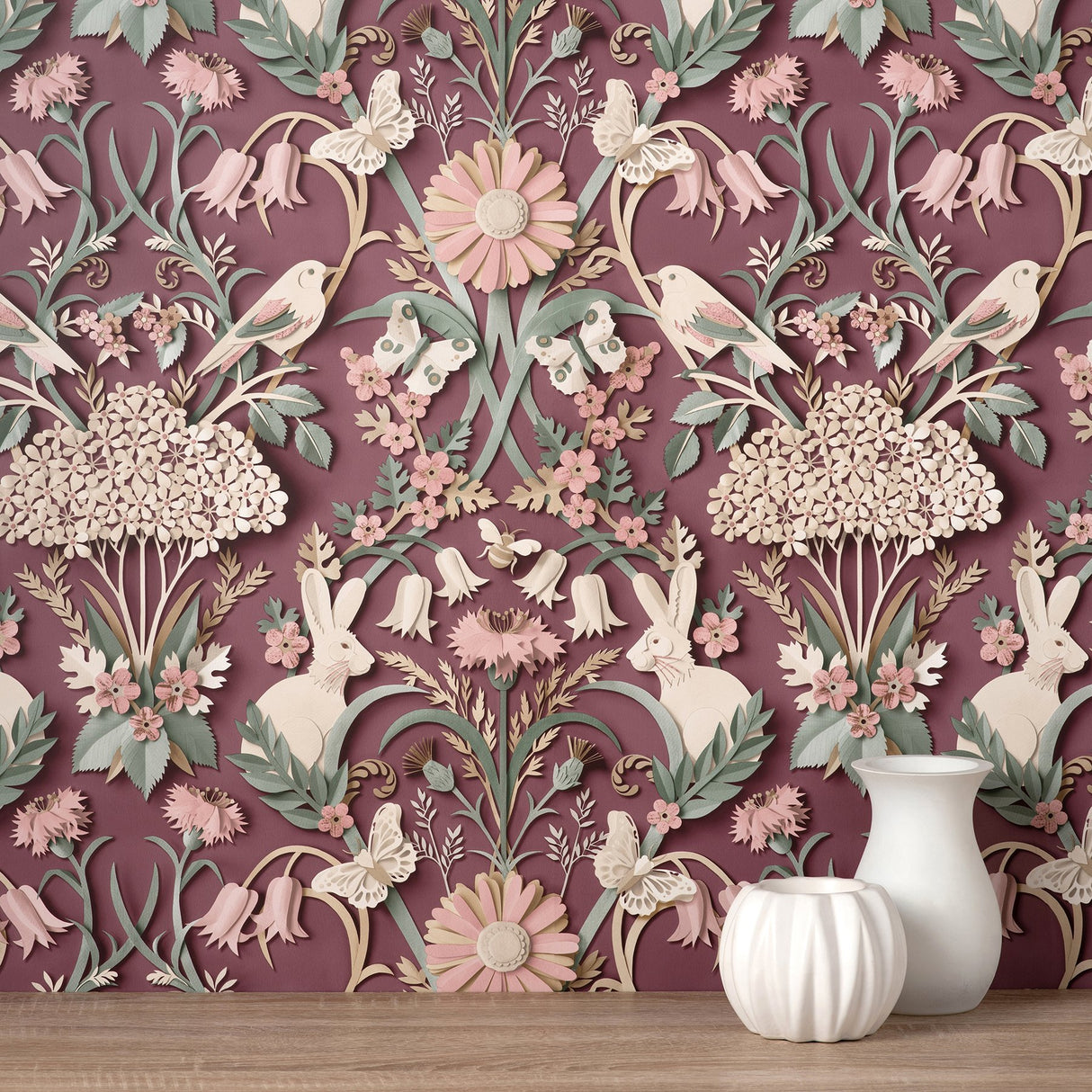 Fae Plum Woodland Whimsical Wallpaper with Birds, Bunnies & Floral Motif - Fine Decor FD42949