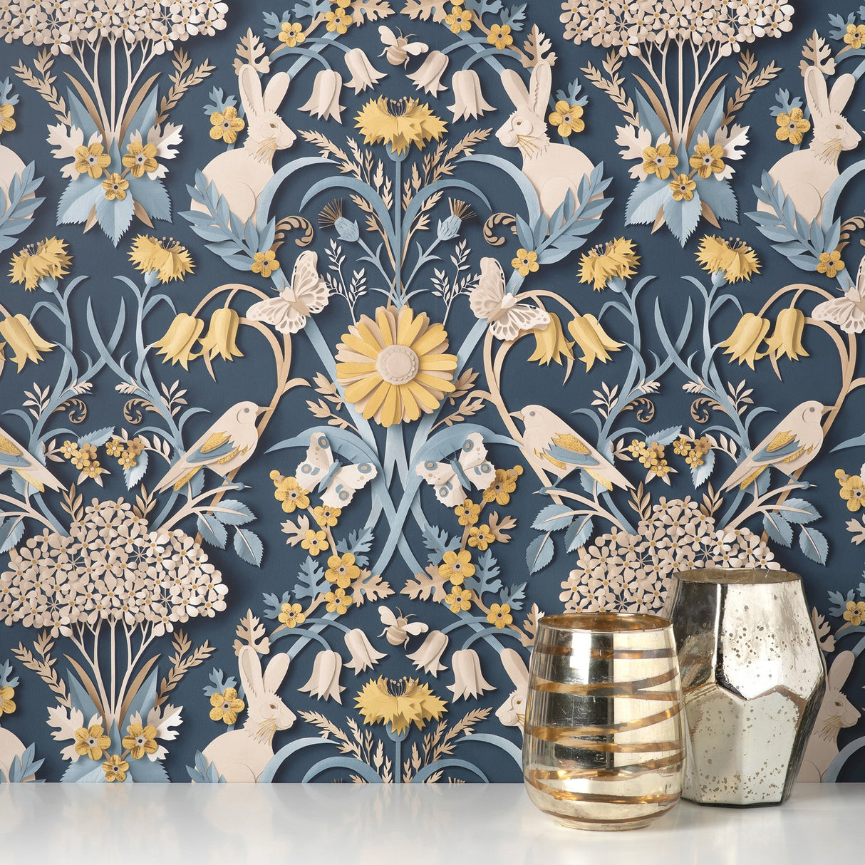 Fae Navy Woodland Wallpaper with Whimsical Animals and Botanical Paper-Cut Motif - Fine Decor FD42950